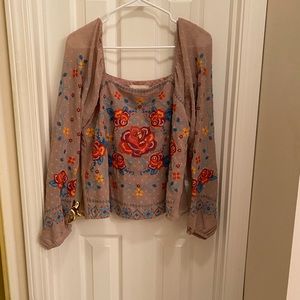 Savanna Jane Embroidered Boho Peasant Off the Shoulder top Swiss dot sheer lined